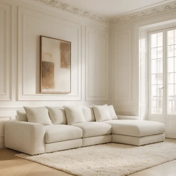 كنب زاوية يمين بلس – كريمي، تصميم عصري، يوفر جلسة مريحة وأنيقة.