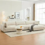 كنب زاوية مخمل مسيمو – بيج، خيار مثالي، لغرف المعيشة الراقية.